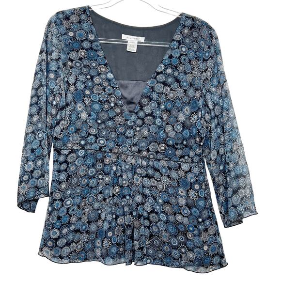 NINE WEST Floral Blouse 3/4 Sleeve V-Neck 100% Silk Chiffon Blue Black Size 10 - Picture 5 of 5